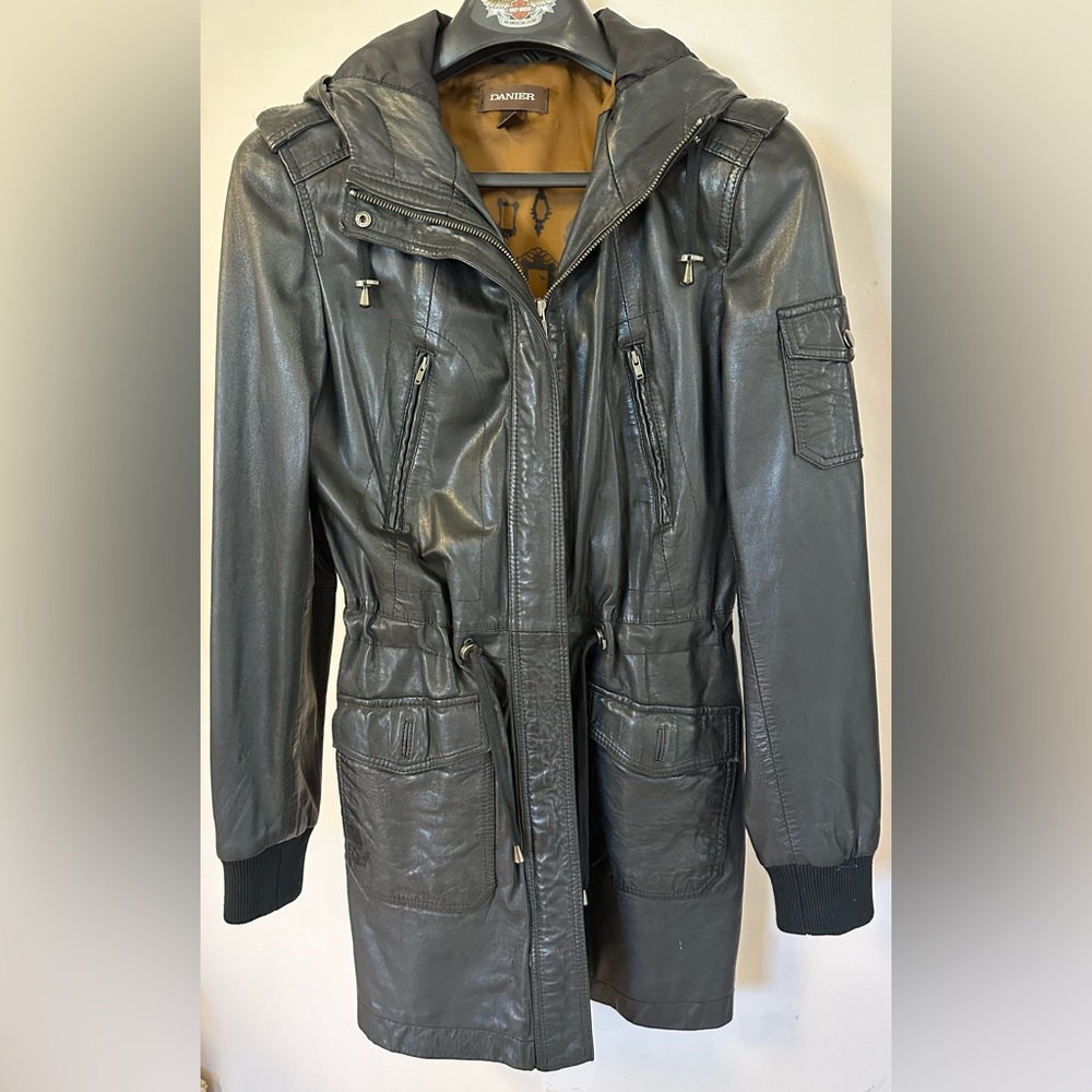 Black Genuine Leather Anorak-style Jacket, Size XS